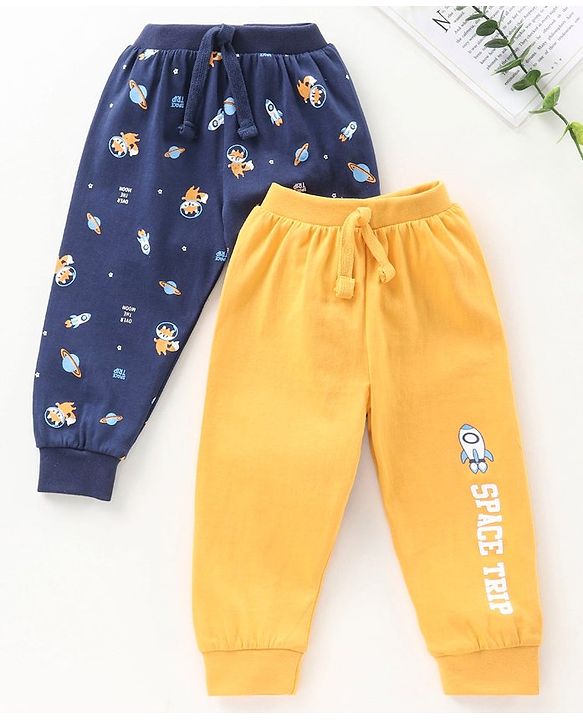 Babyhug Full Length Loungepants Fox & Space Print Pack Of 2 - Blue Yellow