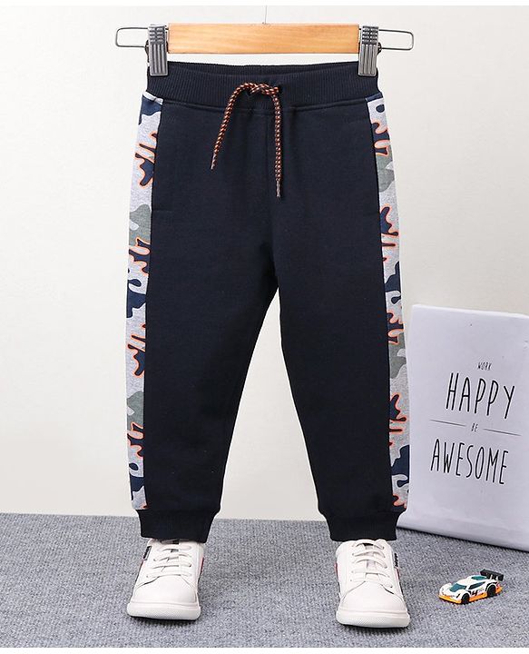 Babyhug Full Length Knit Ribbed Waist Lounge Pants - Navy Blue