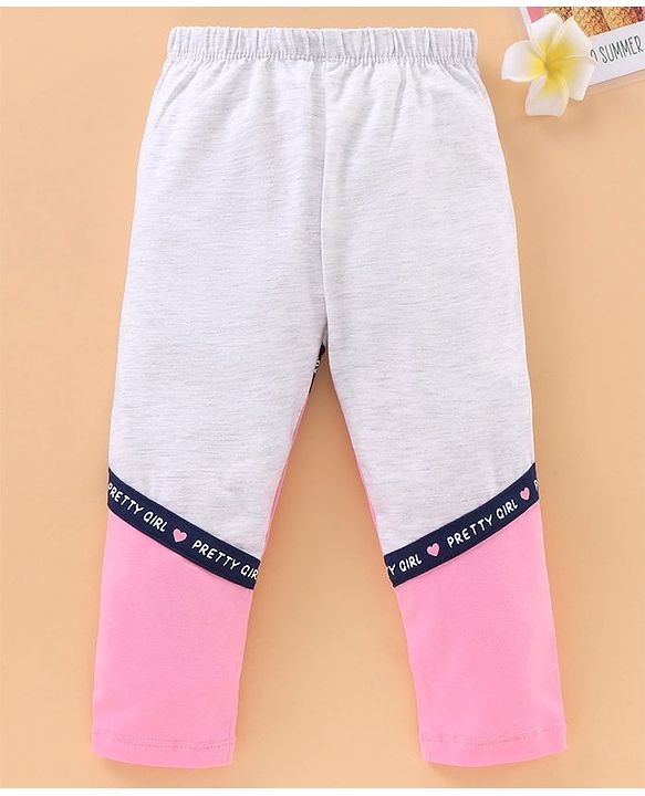 Babyhug Knit Lycra Full Length Text Printed Leggings - Grey Pink