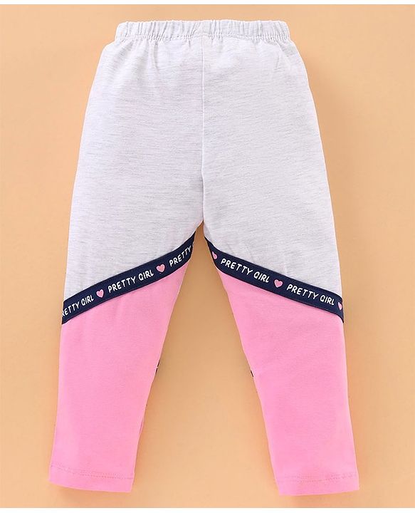 Babyhug Knit Lycra Full Length Text Printed Leggings - Grey Pink