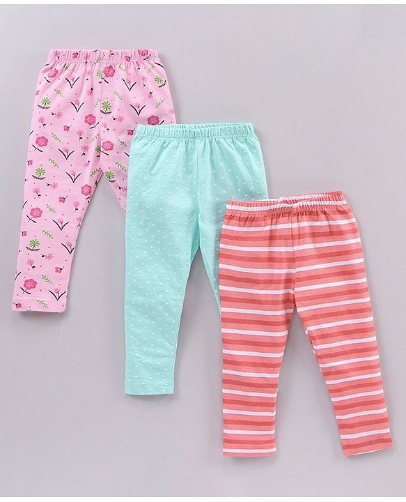 Babyhug Full Length Floral Print & Striped Legging - Blue Pink & Red