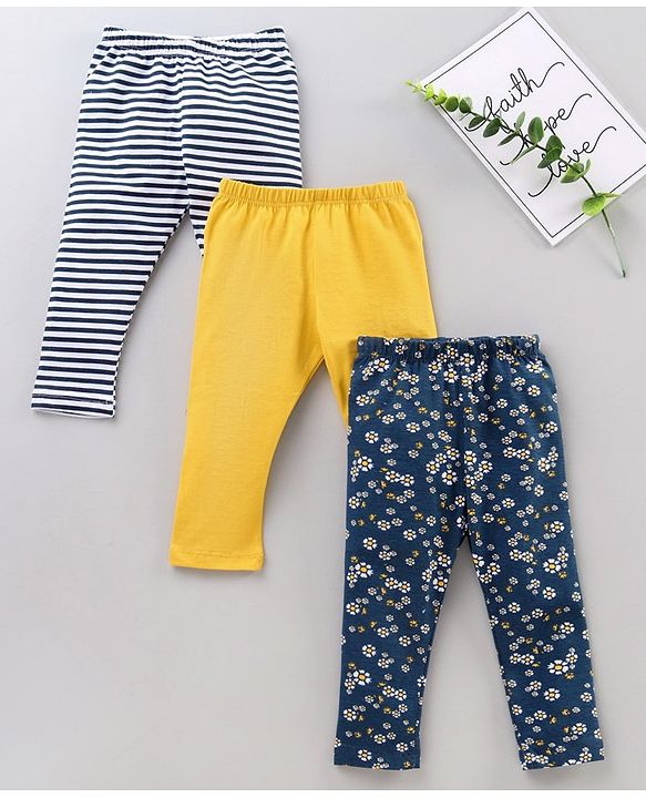 Babyhug Knit Lycra Full Length Leggings With Stretch Striped And Flower Printed Pack Of 3 - Multicolor - 6-9m Multi Color