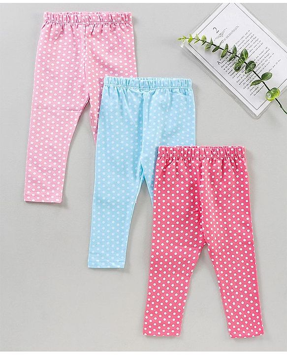 Babyhug Full Length Knit Lycra with Stretch Leggings Printed Pack of 3 - Blue Light and Dark Pink