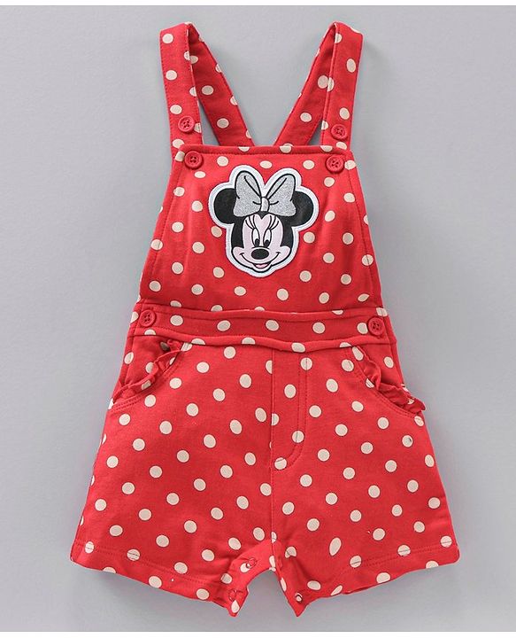 Babyhug Short Cap Sleeves Dungaree Style Romper With Inner Tee Minnie Mouse Print - Red White