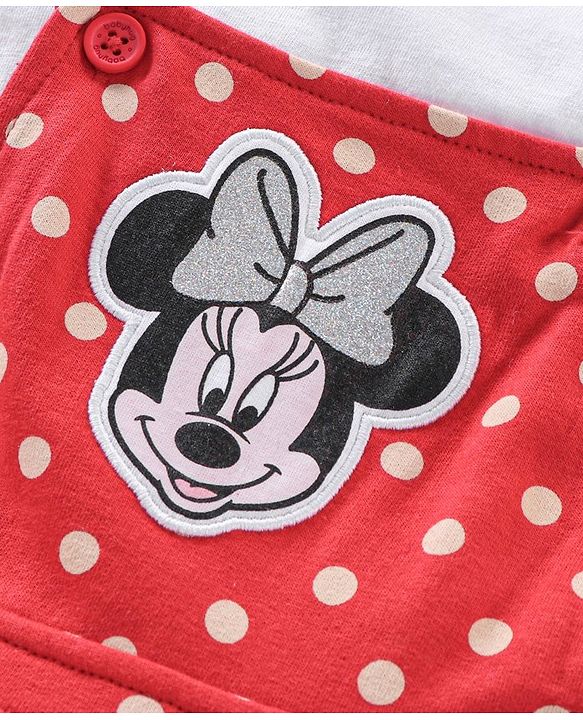 Babyhug Short Cap Sleeves Dungaree Style Romper With Inner Tee Minnie Mouse Print - Red White