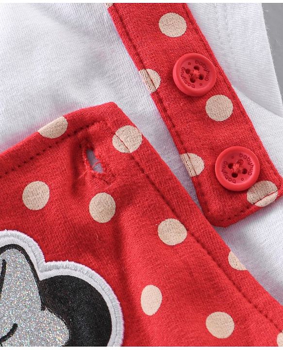 Babyhug Short Cap Sleeves Dungaree Style Romper With Inner Tee Minnie Mouse Print - Red White