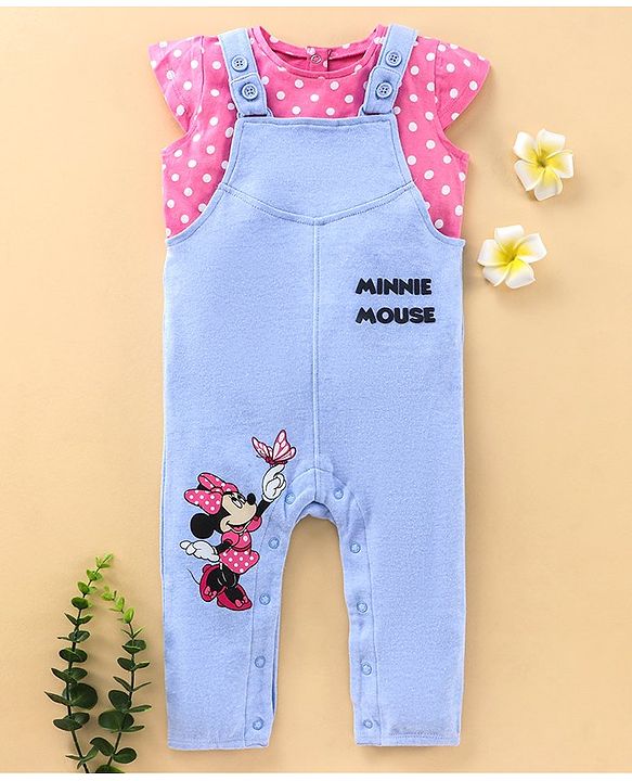 Babyhug Cap Sleeves Top & Dungaree Set Polka Dot & Minnie Mouse Print - Blue Pink
