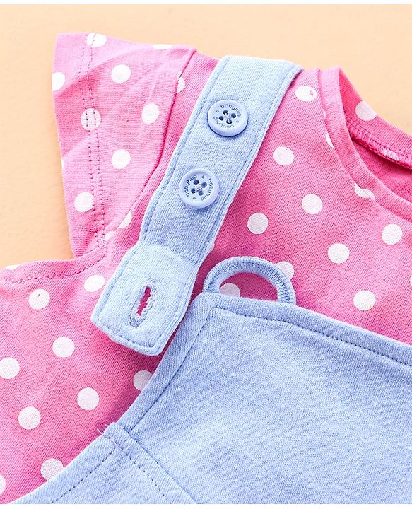 Babyhug Cap Sleeves Top & Dungaree Set Polka Dot & Minnie Mouse Print - Blue Pink