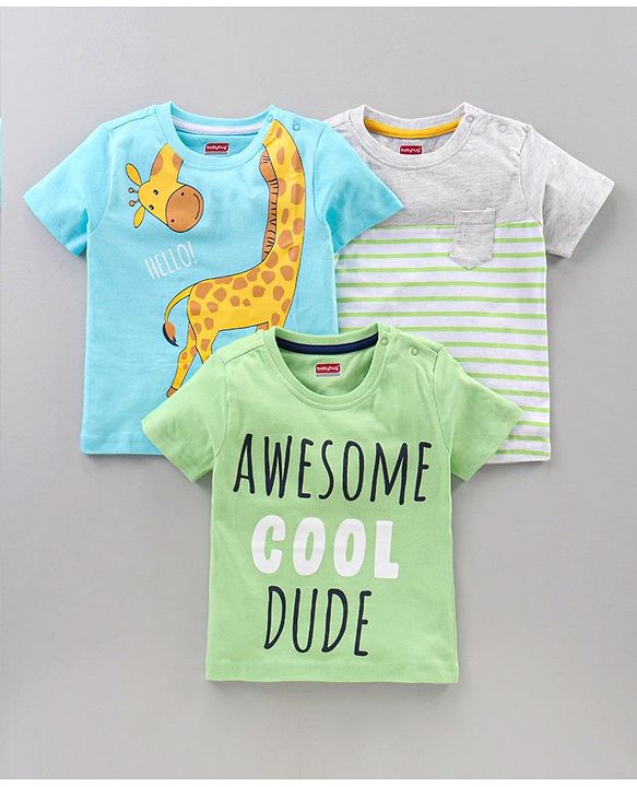 Babyhug Half Sleeves Cotton Blend T-shirts Striped Pack of 3 - Green Blue