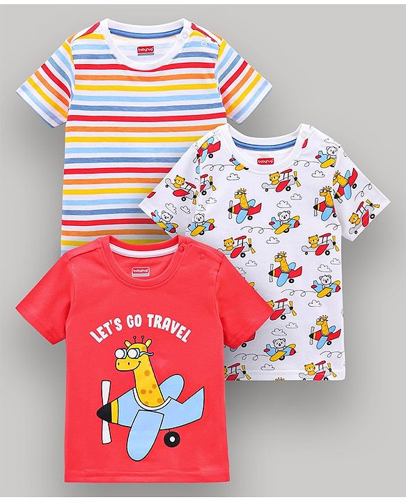 Babyhug Half Sleeves Striped Tees with Airplane Print - Multicolor Red White