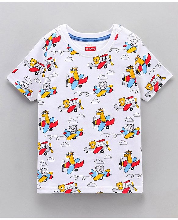 Babyhug Half Sleeves Striped Tees with Airplane Print - Multicolor Red White