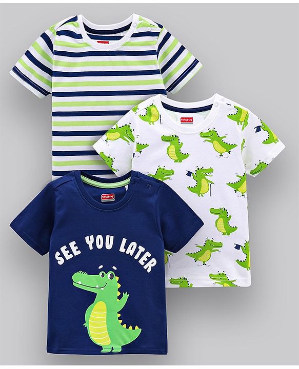 Babyhug Half Sleeves Striped Tees with Croc Print - Green Navy White