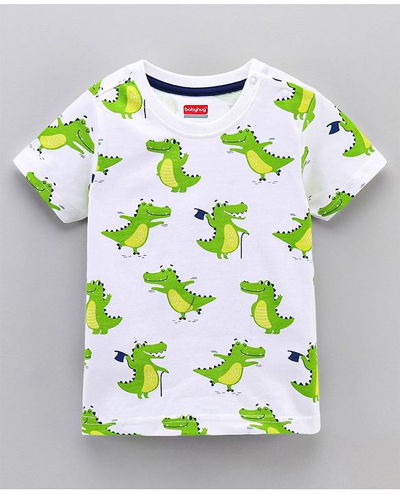 Babyhug Half Sleeves Striped Tees with Croc Print - Green Navy White