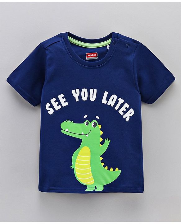 Babyhug Half Sleeves Striped Tees with Croc Print - Green Navy White
