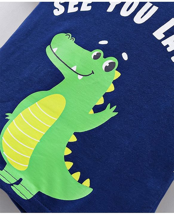 Babyhug Half Sleeves Striped Tees with Croc Print - Green Navy White