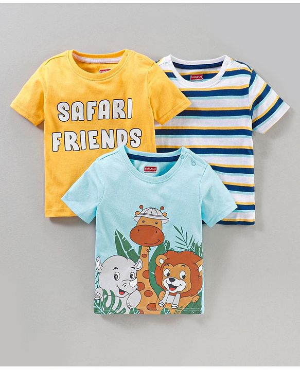 Babyhug Half Sleeves Stripes T-Shirt Animals Print Pack of 3 - Blue Yellow White