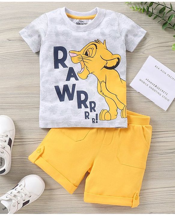 Babyhug Half Sleeves Printed Tee and Shorts Set - White Yellow