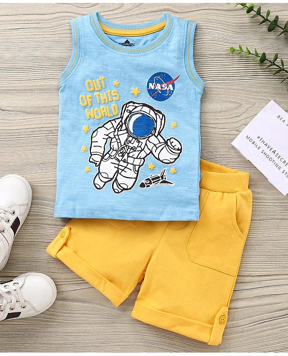 Babyhug Sleeveless T-Shirt and Shorts Set Astronaut Print - Blue Yellow - 18-24m Yellow
