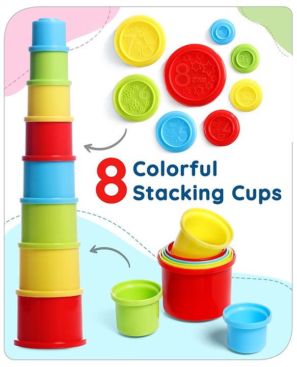 Babyhug 8 Pieces Montessori Stacking Cup with Shapes, Colors & Number Recognition| Stack & Count| Baby Stacking Water & Beach Toys Set| Educational & Motor Skills Sorting & Nesting Toys
