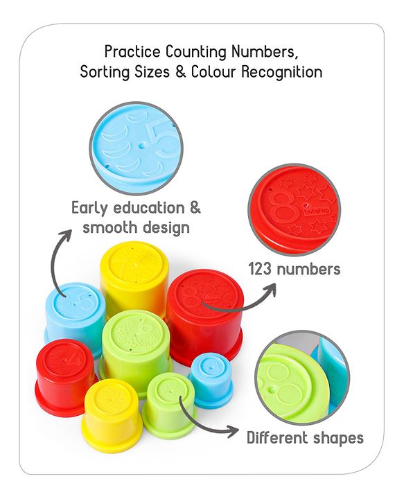 Babyhug 8 Pieces Montessori Stacking Cup with Shapes, Colors & Number Recognition| Stack & Count| Baby Stacking Water & Beach Toys Set| Educational & Motor Skills Sorting & Nesting Toys