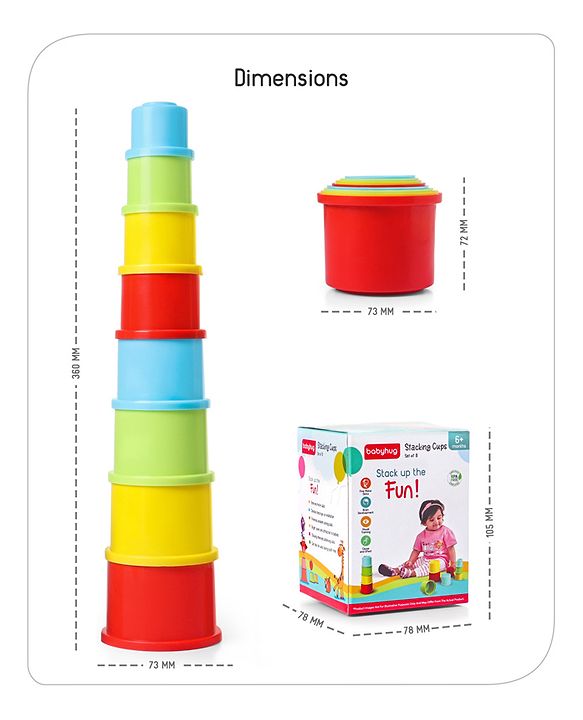 Babyhug 8 Pieces Montessori Stacking Cup with Shapes, Colors & Number Recognition| Stack & Count| Baby Stacking Water & Beach Toys Set| Educational & Motor Skills Sorting & Nesting Toys