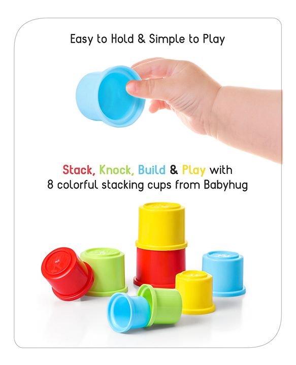 Babyhug 8 Pieces Montessori Stacking Cup with Shapes, Colors & Number Recognition| Stack & Count| Baby Stacking Water & Beach Toys Set| Educational & Motor Skills Sorting & Nesting Toys