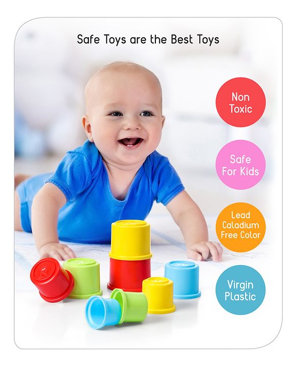 Babyhug 8 Pieces Montessori Stacking Cup with Shapes, Colors & Number Recognition| Stack & Count| Baby Stacking Water & Beach Toys Set| Educational & Motor Skills Sorting & Nesting Toys
