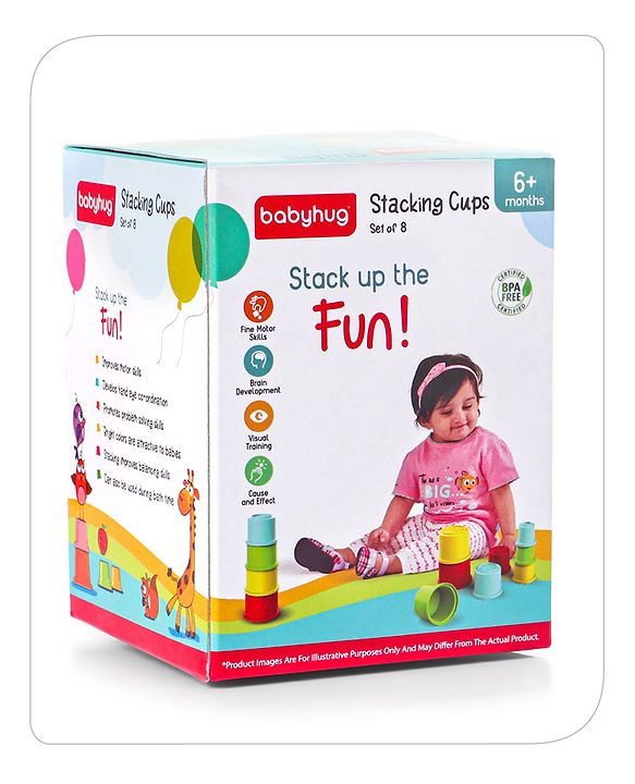Babyhug 8 Pieces Montessori Stacking Cup with Shapes, Colors & Number Recognition| Stack & Count| Baby Stacking Water & Beach Toys Set| Educational & Motor Skills Sorting & Nesting Toys