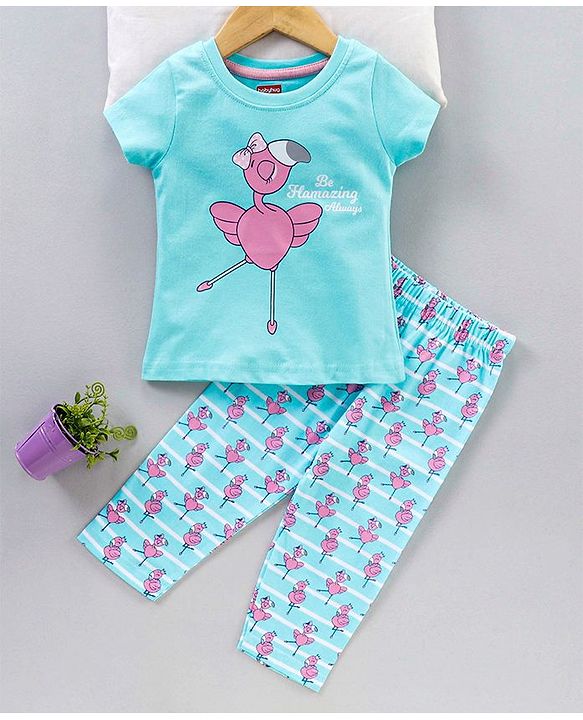 Babyhug Half Sleeves T-Shirt & Pyjama Set Flamingo Print - Blue