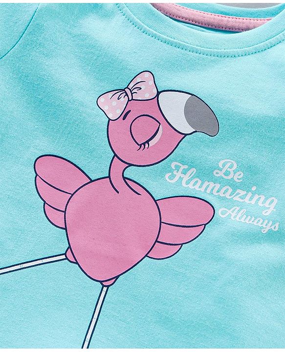 Babyhug Half Sleeves T-Shirt & Pyjama Set Flamingo Print - Blue