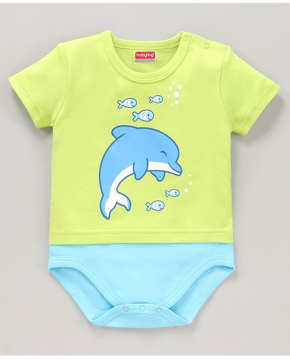 Babyhug 100% Cotton Half Sleeves Onesies Striped and Dolphin Print Pack of 3 - Blue Green