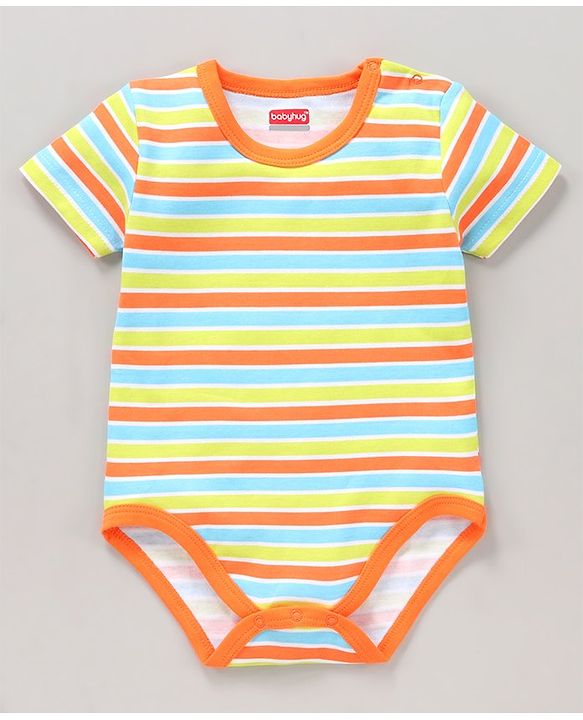 Babyhug 100% Cotton Half Sleeves Onesies Striped and Dolphin Print Pack of 3 - Blue Green