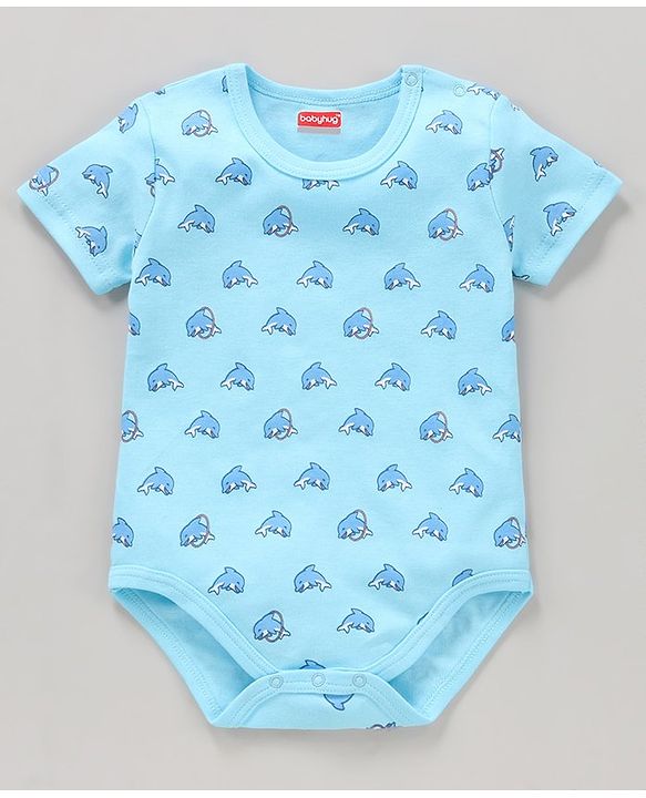 Babyhug 100% Cotton Half Sleeves Onesies Striped and Dolphin Print Pack of 3 - Blue Green