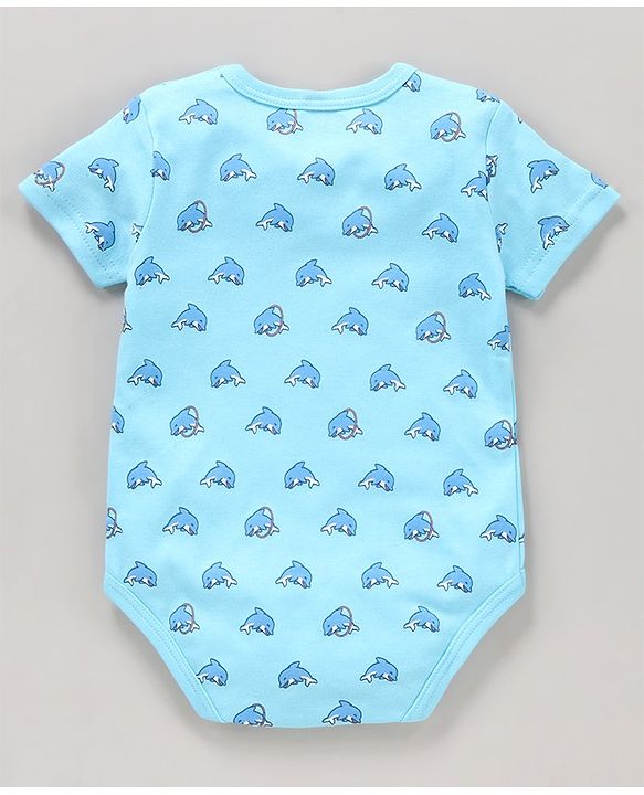 Babyhug 100% Cotton Half Sleeves Onesies Striped and Dolphin Print Pack of 3 - Blue Green