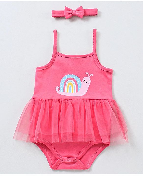 Babyhug Singlet Sleeves Onesies with Hairband Snail Print - Pink