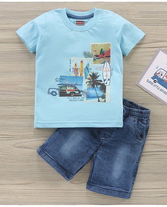 Babyhug Half Sleeves T-Shirt & Denim Shorts Set Multi Print - Blue