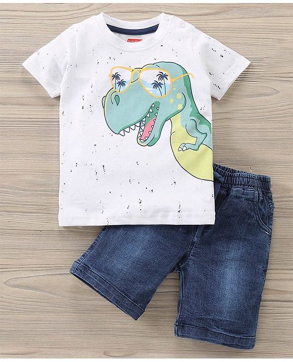 Babyhug Cotton Half Sleeves T-shirt And Denim Knee Length Bottom Wear  - Blue Whte - 18-24m Blue