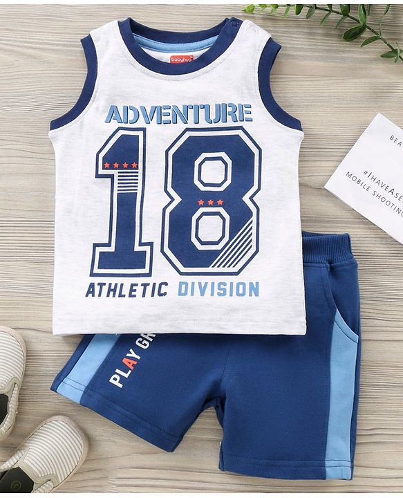 Babyhug Sleeveless Tee & Short Adventure Print - Blue