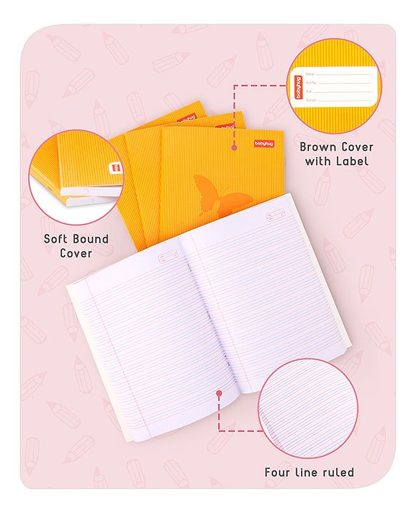 Babyhug Premium Brown Cover Four Lines Exercise Book Set Pack of 4 - 172 Pages Each