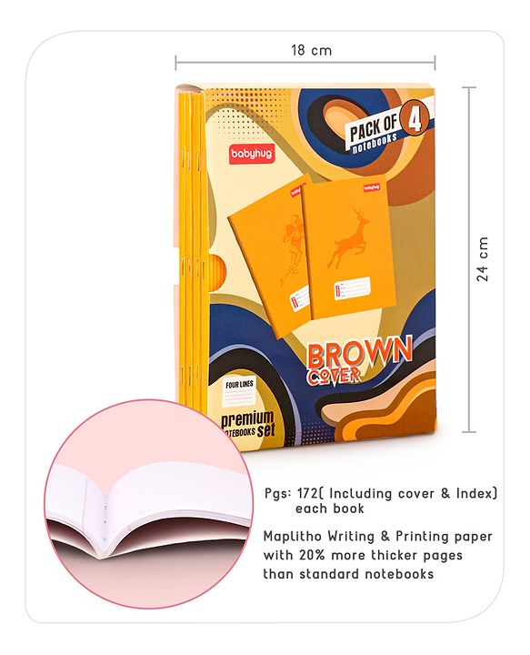Babyhug Premium Brown Cover Four Lines Exercise Book Set Pack of 4 - 172 Pages Each