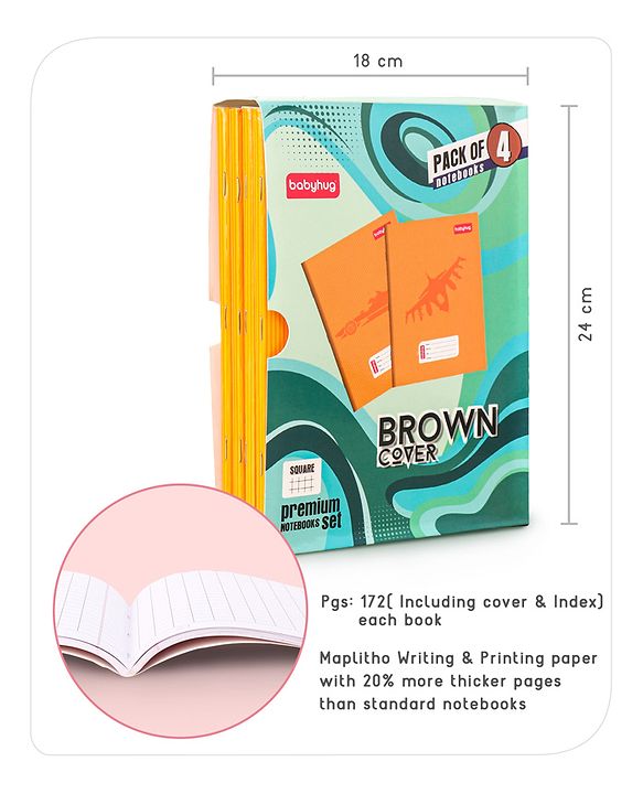 Babyhug Premium Brown Cover Square Lines Exercise Book Set Pack of 4 - 172 Pages Each