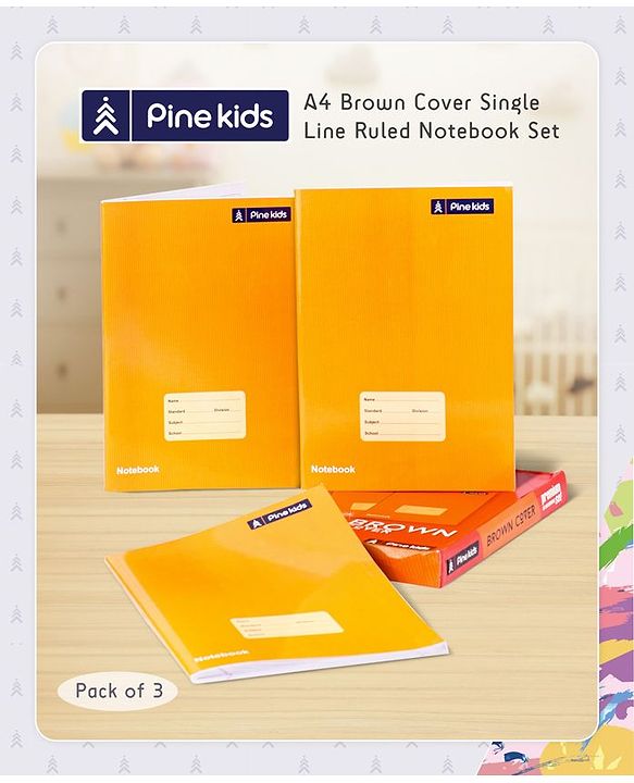 Pine Kids Premium A4 Brown Cover Single Line Ruled Exercise Notebook Set Pack of 3 - 172 Pages Each