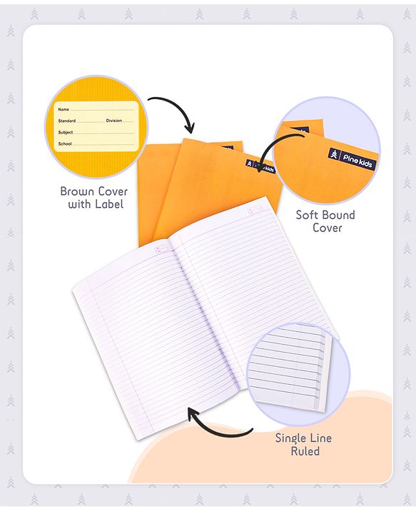 Pine Kids Premium A4 Brown Cover Single Line Ruled Exercise Notebook Set Pack of 3 - 172 Pages Each