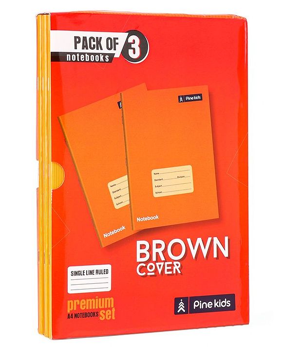 Pine Kids Premium A4 Brown Cover Single Line Ruled Exercise Notebook Set Pack of 3 - 172 Pages Each