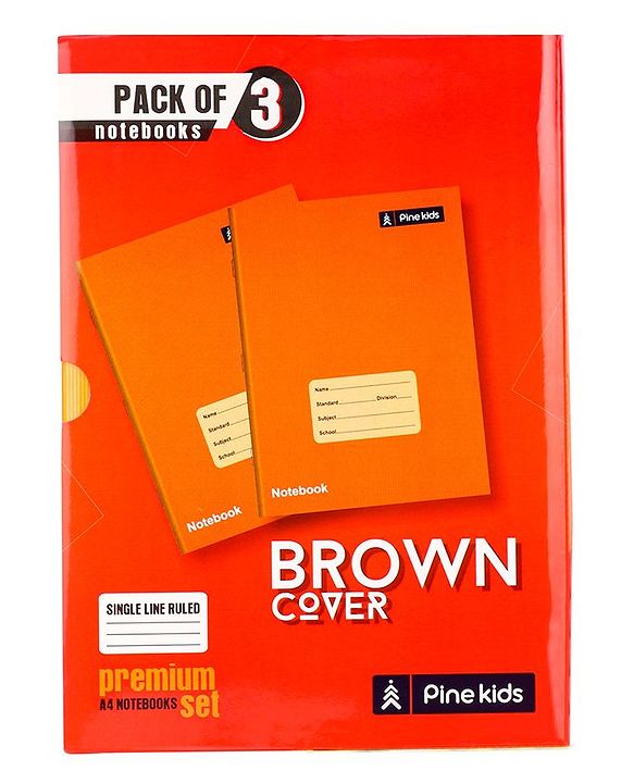Pine Kids Premium A4 Brown Cover Single Line Ruled Exercise Notebook Set Pack of 3 - 172 Pages Each