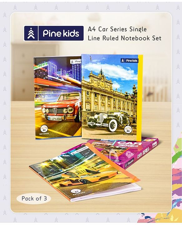 Pine Kids Premium A4 Car Series Single Line Ruled Exercise Notebook Set Pack of 3 - 140 Pages Each