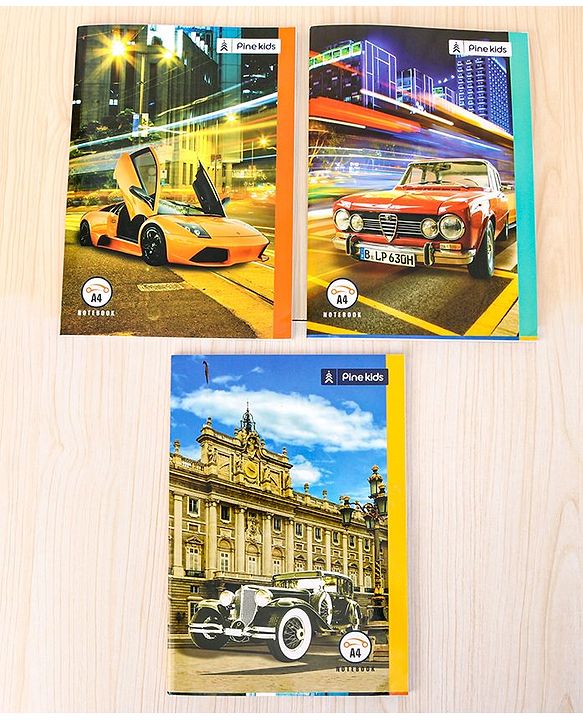 Pine Kids Premium A4 Car Series Single Line Ruled Exercise Notebook Set Pack of 3 - 140 Pages Each