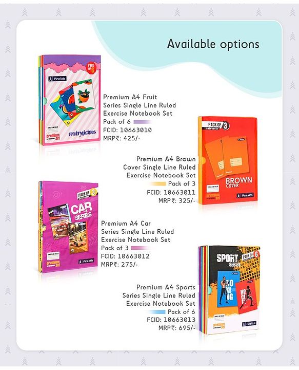 Pine Kids Premium A4 Car Series Single Line Ruled Exercise Notebook Set Pack of 3 - 140 Pages Each