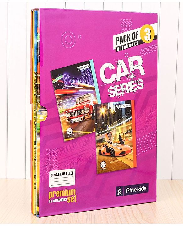 Pine Kids Premium A4 Car Series Single Line Ruled Exercise Notebook Set Pack of 3 - 140 Pages Each