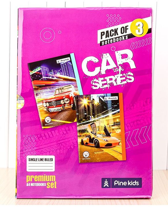 Pine Kids Premium A4 Car Series Single Line Ruled Exercise Notebook Set Pack of 3 - 140 Pages Each